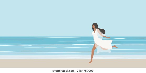 Beautiful woman in white dress on the beach vector illustration. Summer holidays beach concept