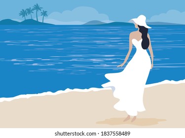 Beautiful woman in white dress walking alone in beach summer background vector  illustration 