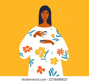 Hermosa mujer con vestido blanco floral sosteniendo una pequeña taza de café o té. Bonita chica con el trago de la mañana en las manos. rutina de autocuidado, amate, relájate. Elegante ilustración vectorial de desayuno