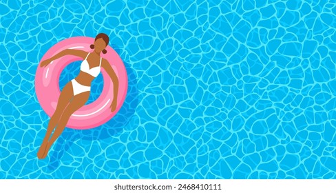 Mujer hermosa en un traje de baño blanco flotando en un círculo inflable rosa en la piscina, vista superior. Ilustración vectorial plana con espacio de copia