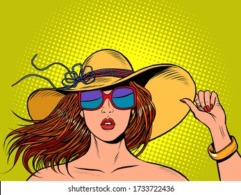 beautiful woman in a wide brimmed hat and sunglasses. Pop art retro vector illustration vitch vintage 50s 60s style