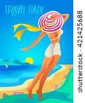 Beautiful woman in a wide-brimmed hat on a tropical beach. The lake shore, the mountains. Holiday on the French Riviera, Liguria. Poster in the Art Deco 