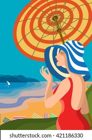 Beautiful woman in a wide-brimmed hat on a tropical beach. The lake shore, the mountains. Holiday on the French Riviera, Liguria. Poster in the Art Deco 