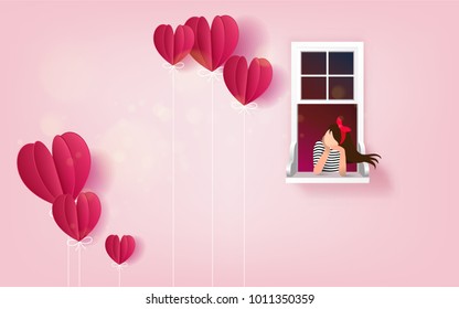 Beautiful woman in window looking at heart balloons flying. Love concept. Happy Valentine's Day wallpaper, poster, card. Vector illustration.