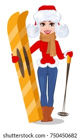 Beautiful woman in winter clothes holding skis. Happy smiling cartoon character. Vector illustration