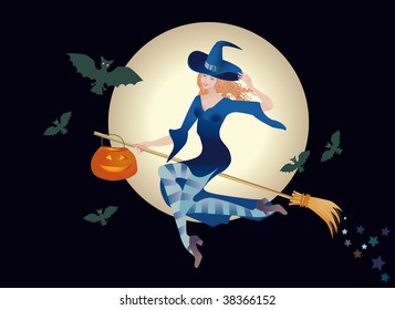 Beautiful woman a witch flies on a broom with a pumpkin-lantern on a background Lunar