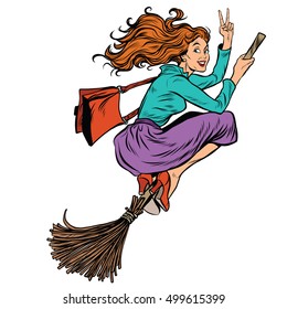 Beautiful woman witch flying on a broom, pop art retro vector illustration. Halloween character. White background isolated people