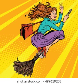 Beautiful woman witch flying on a broom, pop art retro vector illustration. Halloween character. Comic background