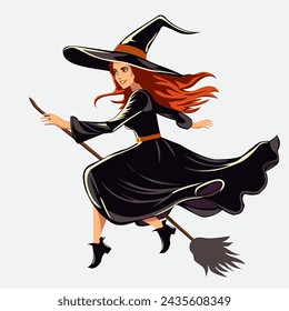 A beautiful woman witch with green eyes in a hat flies on a broom.