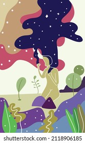 Beautiful woman without arms all turned into night sky trees surrounding art wallpaper background.