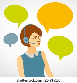 Beautiful woman working in a call center with speech bubbles. girl of customer service  on a white background. vector