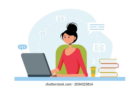 Beautiful woman working from home, student or freelancer.Home office concept. Cute vector illustration in flat style.