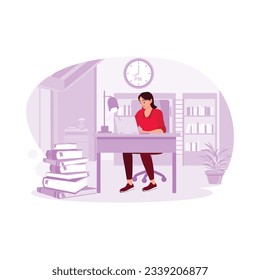 Beautiful woman working overtime and tired at work routine. Trend Modern vector flat illustration