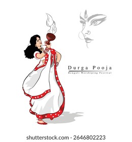 A beautiful woman worshiping Goddess Durga, An illustration of Durga pooja, An Indian lady performing traditional dance
