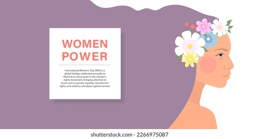  A beautiful woman with a wreath on her head. Greeting background for International Women's Day.