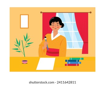 Una hermosa mujer está escribiendo con un cepillo de tinta sobre el papel, usando un vestido tradicional de kimono. Diseño de caracteres. Ilustración plana del vector