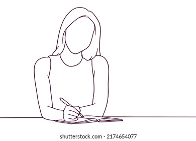 beautiful woman writing in notebook. hand drawn style vector illustration