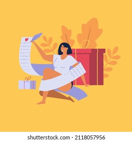 Beautiful woman writing wish list. Young girl planning to buy presents with wishlist. Concept of wishlist, dreaming about gift, making wish. Vector illustration in cartoon design