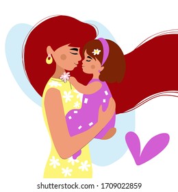 Beautiful woman in a yellow dress with her daughter. Greeting card for Mother's Day. Vector flat style illustration