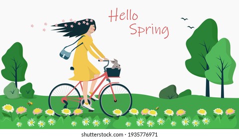 A beautiful woman in a yellow dress rides a bicycle in the spring with a dog in a basket. Cute vector cartoon illustration in flat style, postcard. Spring landscape with flowers and grass.