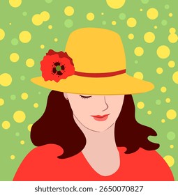 A beautiful woman in a yellow hat decorated with a poppy flower. On a green background. Vector illustration. Hand drawing, not AI.