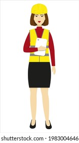 Beautiful woman in yellow helmet and vest with tablet. Construction worker. Isolated flat vector illustration.