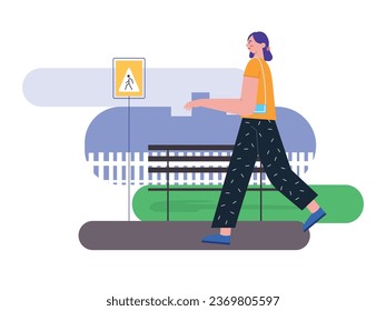 Beautiful woman yellow shirt is walking in the city park with signs and wooden benches, daily urban life. Character design. Vector flat illustration