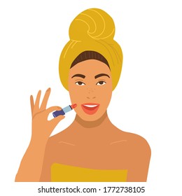 Beautiful woman in yellow towel holding lipstick and make up herself. Isolated on white background. Vector flat Illustration. Idea for cosmetics, spa treatment, cosmetology, beauty clinic surgery