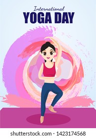 Beautiful woman in yoga pose for International Yoga Day on color stroke background.