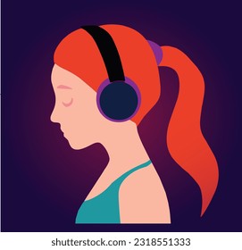 Beautiful woman Young American listens to music on headphones Music therapy Profile of a young woman Musician avatar side view Vector flat illustration vector art