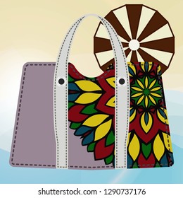 Beautiful woman's beach bags with mandala decoration. Vector illustration