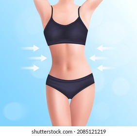 Beautiful woman's body. Perfect slim toned young body. Girl in perfect sexy body shape in black panties in 3d vector illustration, On a blue bokeh background.