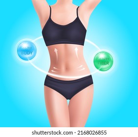 Beautiful woman's body. Perfect slim toned young body with dietary fiber lower cholesterol level. Slim foods and vitamin healthy supplement. 3D Vector EPS10. On a blue background.