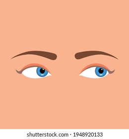 Beautiful woman's eyes looking left side. isolated on skin background. Vector Illustration. emotions expression. Pretty blue female eyes glance. Emotions expression with eyes.