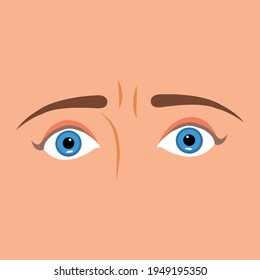 Beautiful woman's eyes. Scared, panicked, frightened, excited girl with horror eyes. isolated on skin background. Goggle eyes, Vector Illustration. Terrified, panic, shocked opened eye expression