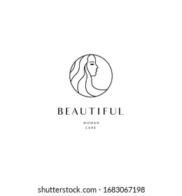 Beautiful woman's face with artistic long hairs logo design template. Hair, girl, leaf symbol. Elegant design concept for boutique, beauty salon, massage, cosmetic and spa. Premium vector icon
