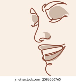 Beautiful woman's face with a big smile one line drawing. Beautiful woman's face with a big smile single line illustration. Beautiful woman's face with a big smile minimalist line art