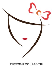 Beautiful Woman's face with bow in her hair, Stylized Vector Graphics.