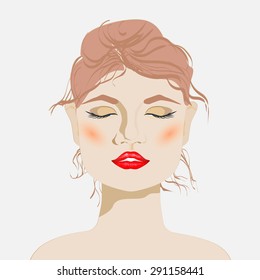 Beautiful Woman's Face, Bright Red Lips, Closed Eyes, Vector Illustration Of A Woman On A White Background, Isolated Image Of A Woman, Make-up,