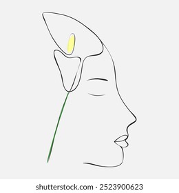 Beautiful woman's face with a calla. One line drawing. Vector illustration for logo, emblem, print, tattoo, poster or postcard.