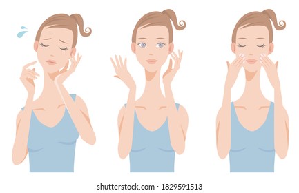 Beautiful woman's face. Comfortable face and troubled face. Beauty, skincare, makeup concept. Vector illustration isolated on white background.