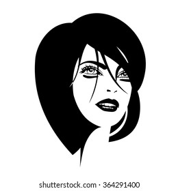 Beautiful woman's face. Drawing simple lines.Ink drawing. Black and white.