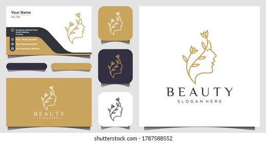 Hermosa estrella de flor facial de mujer con el logo de estilo de arte de línea y diseño de tarjetas de visita. Concepto de diseño abstracto para salón de belleza, masaje, revista, cosmética y spa.