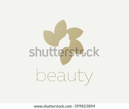 Beautiful woman's face flower star logo design template.  Hair, girl, sun negative space logotype. Abstract design concept for beauty salon, massage, magazine, cosmetic and spa. Premium vector icon.