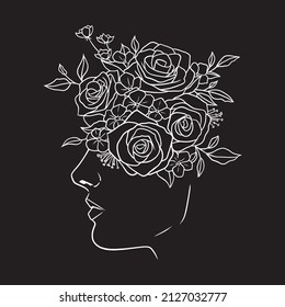 Beautiful woman's face with flowers black and white illustration on black background