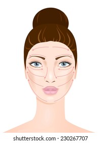 Beautiful woman's face isolated on white with massage arrows. Vector 