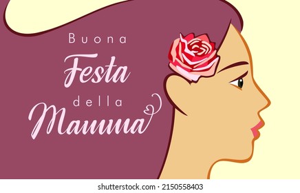 Beautiful woman's face with italian typographic Buona Festa della Mamma, that means Happy Mother's Day, Happy Holiday of Mothers. Pretty lady, drawn picture. Isolated abstract graphic design template.