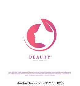 Beautiful woman's face with leaf logo design template