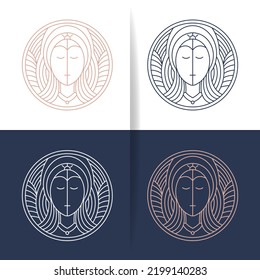 Beautiful Woman's Face Line Art Logo Design Template. - Vector.