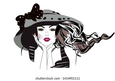 Beautiful woman's face in lines with long curly hair. Vector illustration. Hand drawn vector.